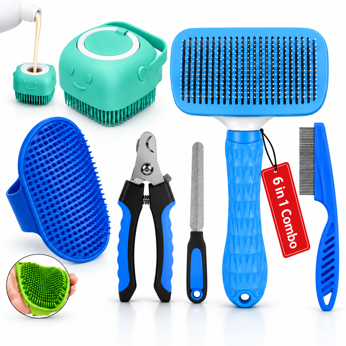 6-in-1 Pet Grooming Kit for Dogs & Cats | Self-Cleaning Brush, Bath Brush & Nail Care