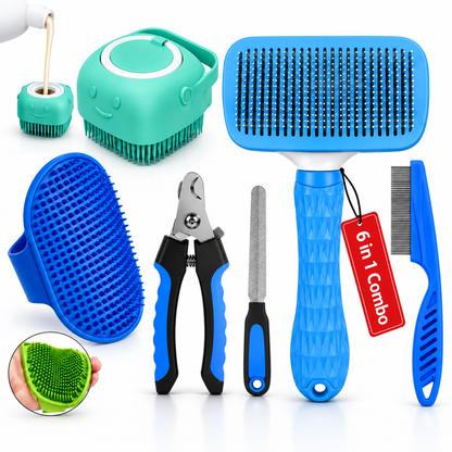 6-in-1 Pet Grooming Kit for Dogs & Cats | Self-Cleaning Brush, Bath Brush & Nail Care